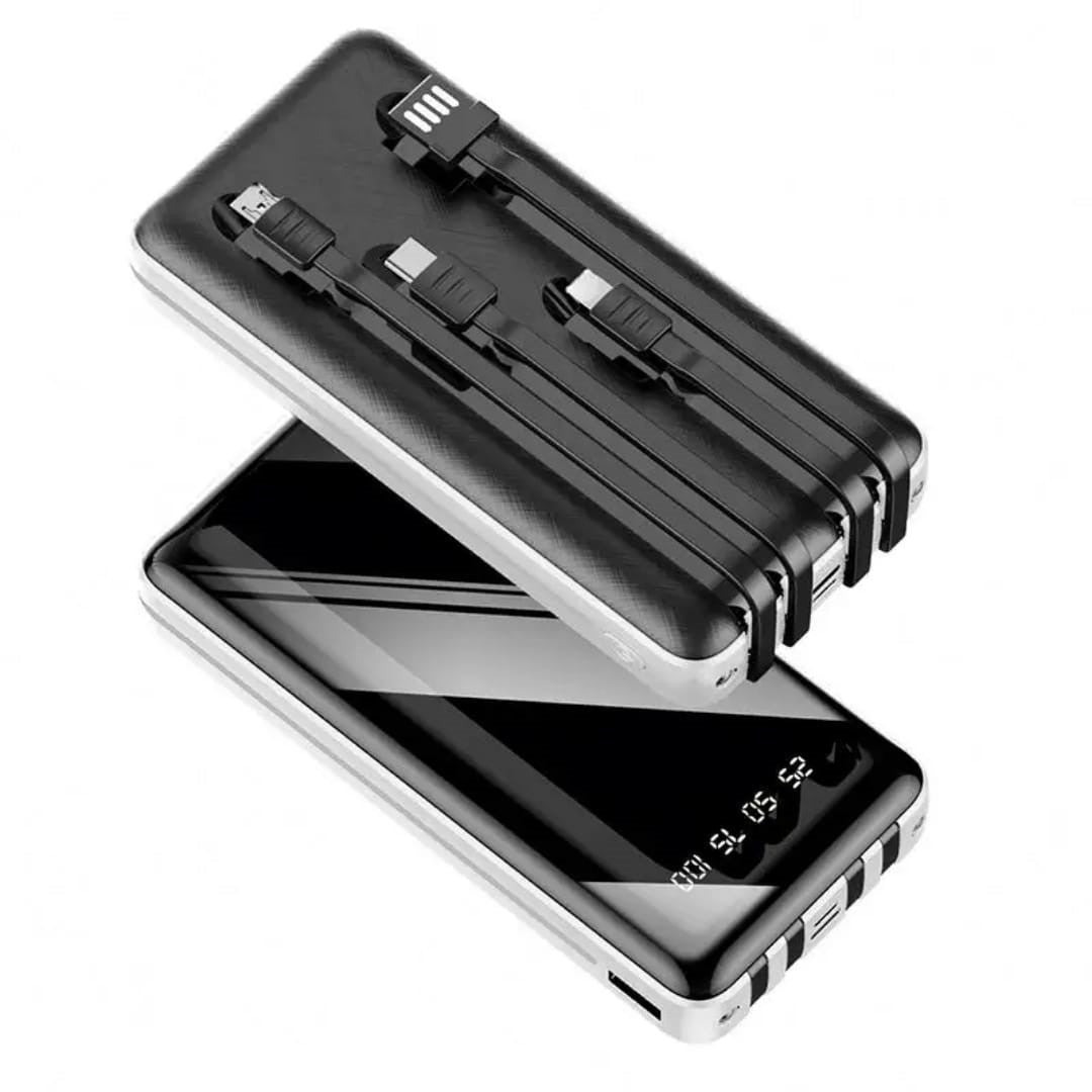 20000mAh 4-in-1 Power Bank with Built-in Cables & LED Display | Fast Charging Glass Look Portable Charger