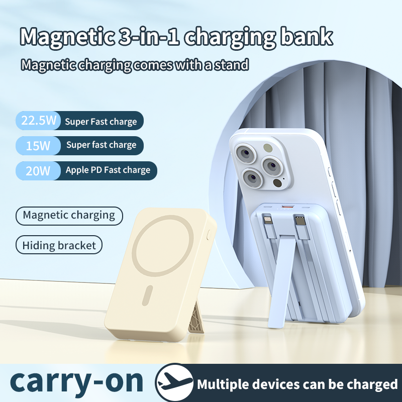 10000mAh Magnetic 3-in-1 Wireless Power Bank – MagSafe Fast Charging with Built-in 2 Cables, USB Port & Foldable Stand