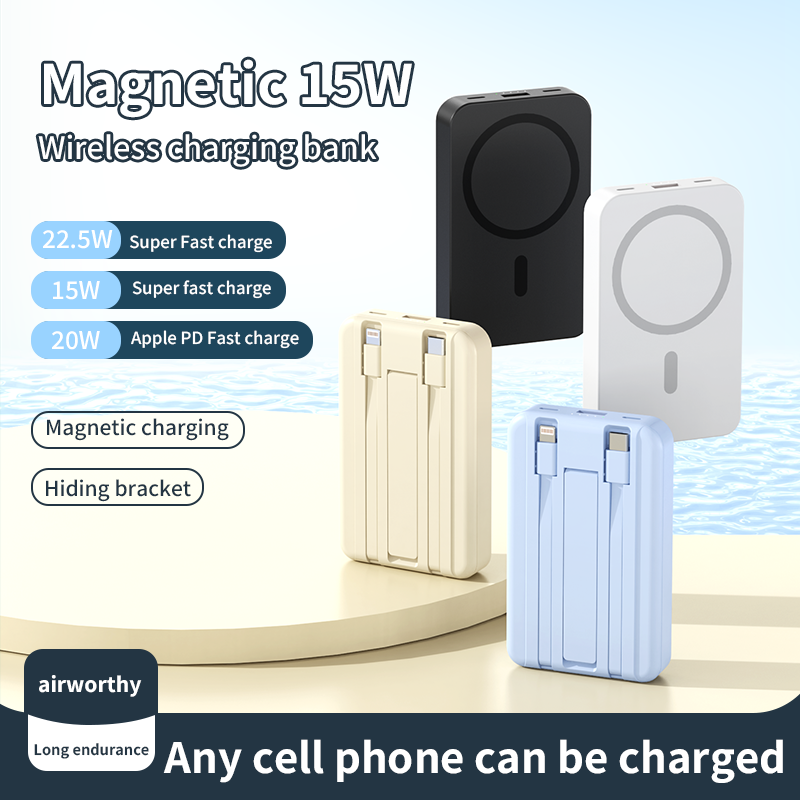 10000mAh Magnetic 3-in-1 Wireless Power Bank – MagSafe Fast Charging with Built-in 2 Cables, USB Port & Foldable Stand