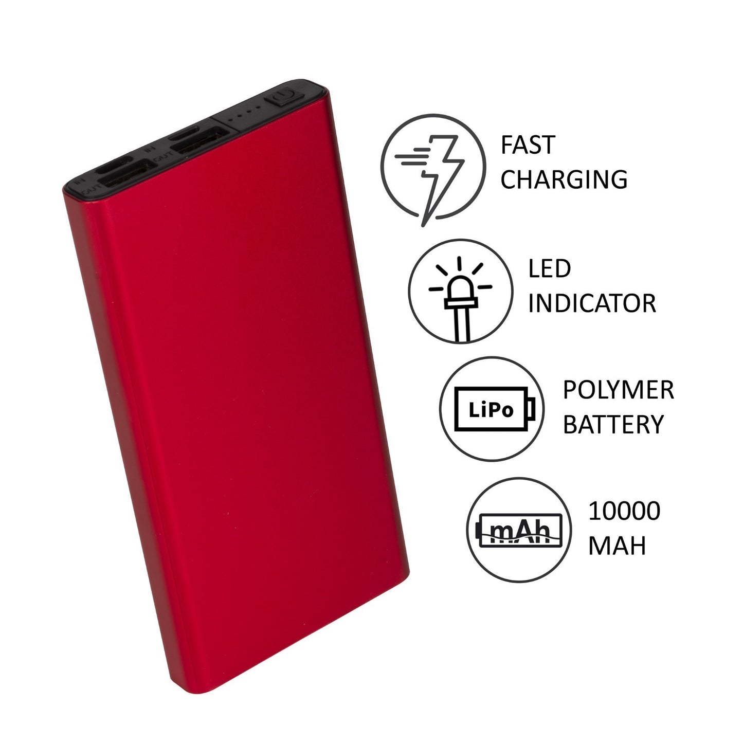 10000mAh Slim Power Bank – Ultra Thin Portable Charger with Dual USB & LED Indicators (Red)