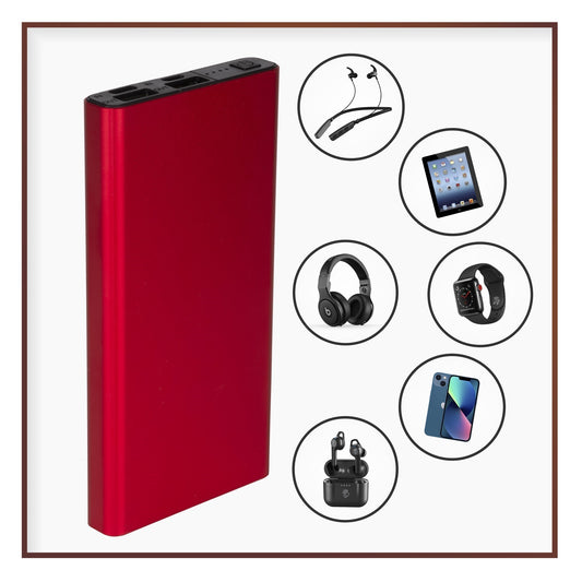 10000mAh Slim Power Bank – Ultra Thin Portable Charger with Dual USB & LED Indicators (Red)