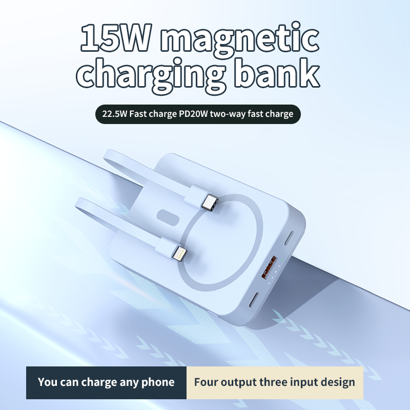 10000mAh Magnetic 3-in-1 Wireless Power Bank – MagSafe Fast Charging with Built-in 2 Cables, USB Port & Foldable Stand
