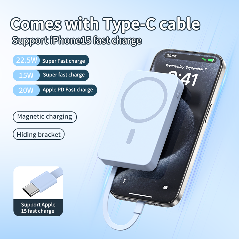 10000mAh Magnetic 3-in-1 Wireless Power Bank – MagSafe Fast Charging with Built-in 2 Cables, USB Port & Foldable Stand