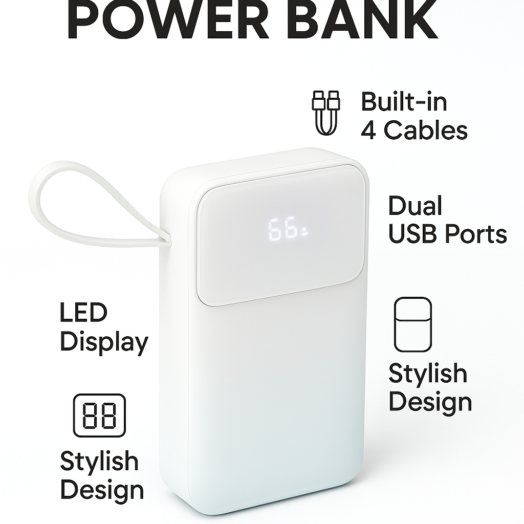 20000mAh Power Bank with Built-in 4 Cables – Pocket Size Fast Charging Portable Charger with LED Display & Dual USB Ports