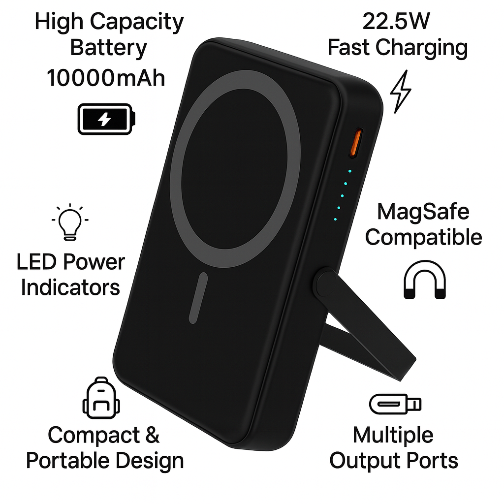 10000mAh MagSafe Power Bank – 22.5W Fast Charging Portable Charger with Multiple Ports & LED Indicators