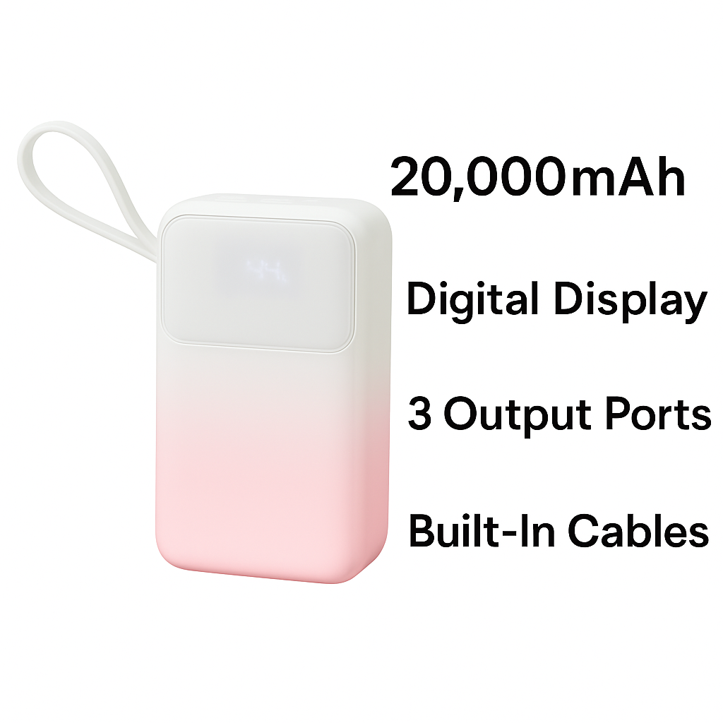 20000mAh Power Bank with Built-in 4 Cables – Pocket Size Fast Charging Portable Charger with LED Display & Dual USB Ports