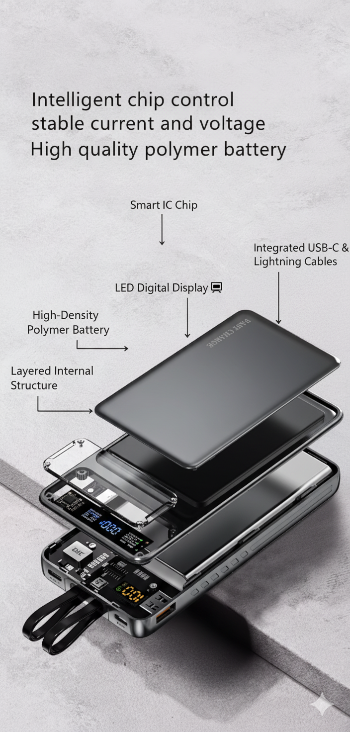 20000mAh Transparent Power Bank – 22.5W Super Fast Charging Portable Charger with Built-in Type-C & Lightning Cables, Digital Display