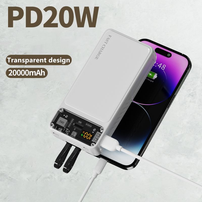 20000mAh Transparent Power Bank – 22.5W Super Fast Charging Portable Charger with Built-in Type-C & Lightning Cables, Digital Display