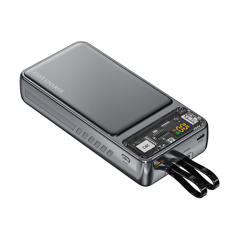 20000mAh Transparent Power Bank – 22.5W Super Fast Charging Portable Charger with Built-in Type-C & Lightning Cables, Digital Display