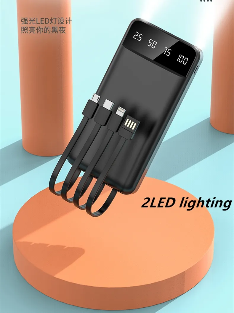 20000mAh Power Bank with Built-in Cables – Fast Charging, LED Display, Dual USB & Type-C Portable Charger