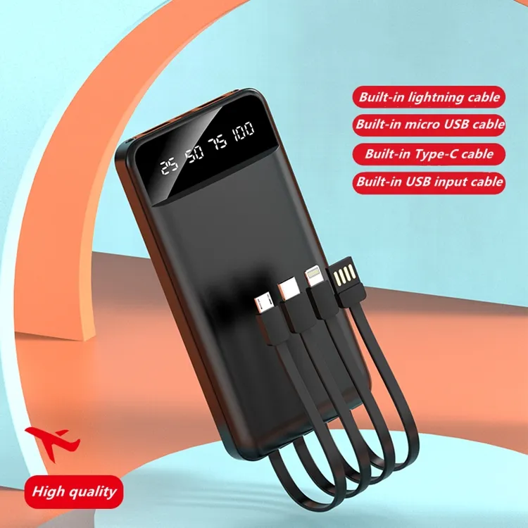 20000mAh Power Bank with Built-in Cables – Fast Charging, LED Display, Dual USB & Type-C Portable Charger