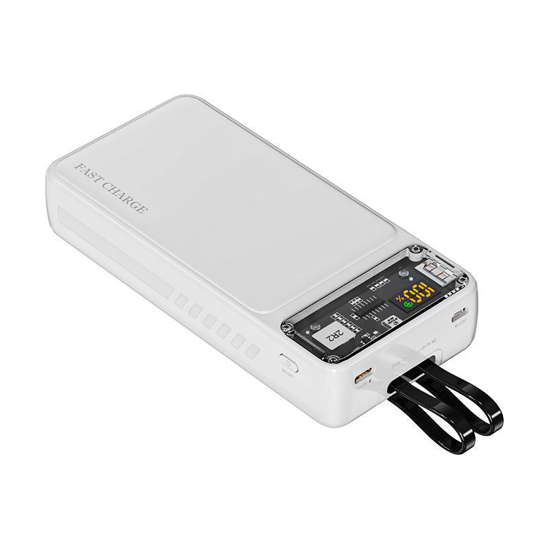 20000mAh Transparent Power Bank – 22.5W Super Fast Charging Portable Charger with Built-in Type-C & Lightning Cables, Digital Display