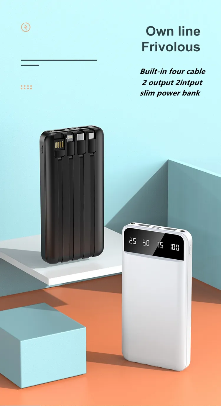 20000mAh Power Bank with Built-in Cables – Fast Charging, LED Display, Dual USB & Type-C Portable Charger