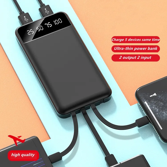 20000mAh Power Bank with Built-in Cables – Fast Charging, LED Display, Dual USB & Type-C Portable Charger