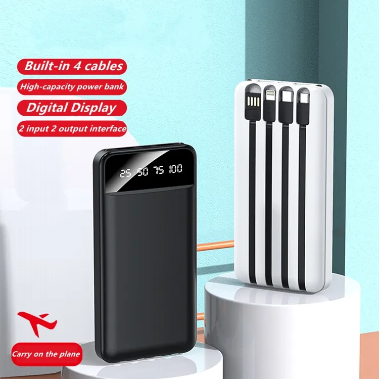 20000mAh Power Bank with Built-in Cables – Fast Charging, LED Display, Dual USB & Type-C Portable Charger
