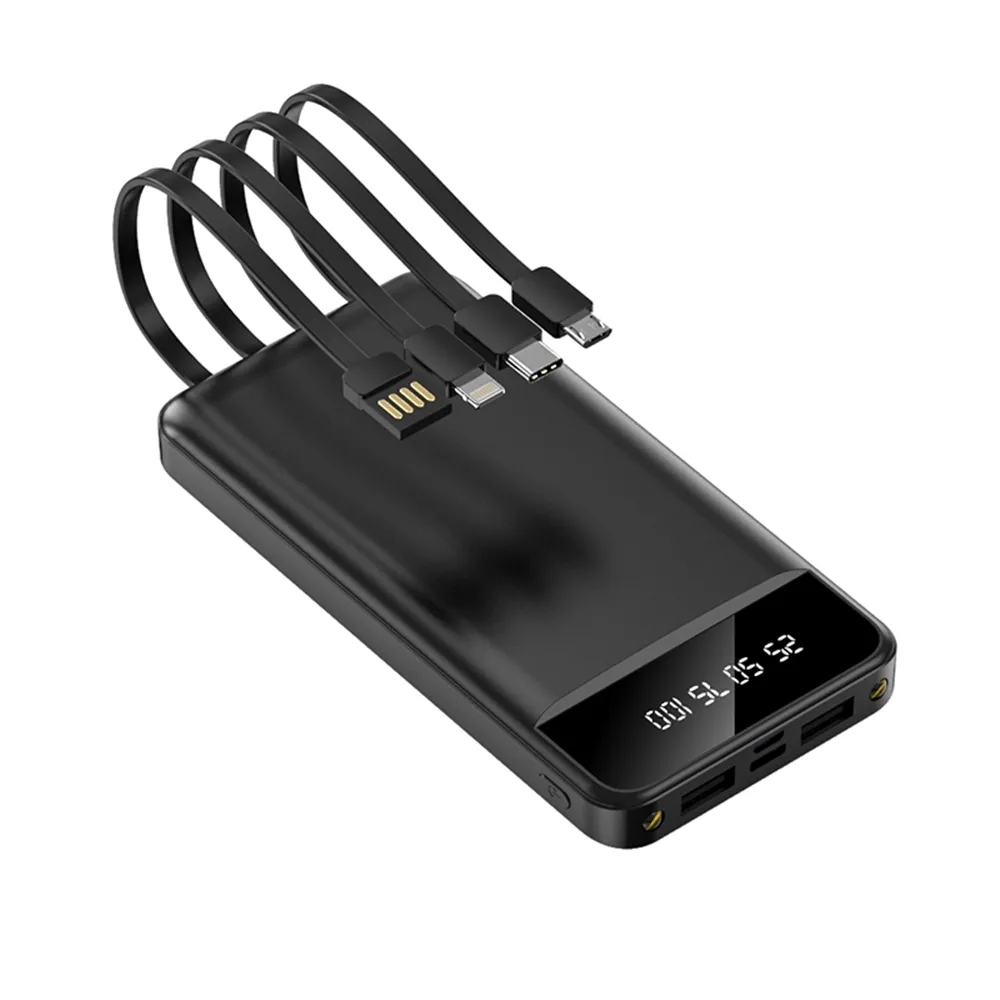 20000mAh Power Bank with Built-in Cables – Fast Charging, LED Display, Dual USB & Type-C Portable Charger