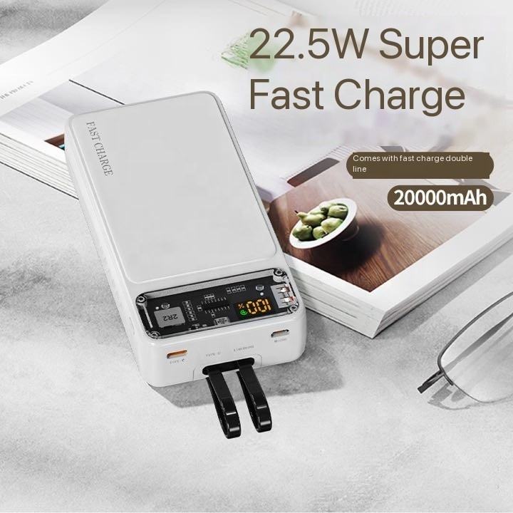 20000mAh Transparent Power Bank – 22.5W Super Fast Charging Portable Charger with Built-in Type-C & Lightning Cables, Digital Display