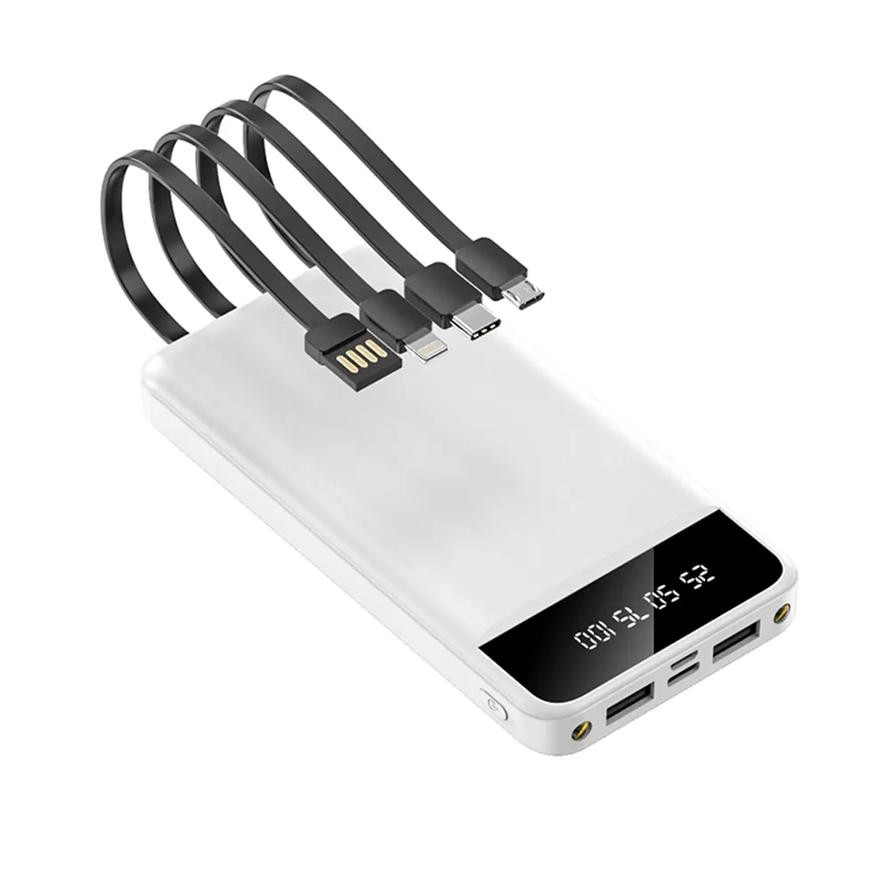 20000mAh Power Bank with Built-in Cables – Fast Charging, LED Display, Dual USB & Type-C Portable Charger