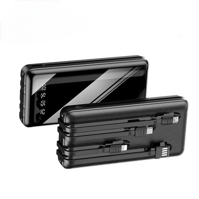 20000mAh 4-in-1 Power Bank with Built-in Cables & LED Display | Fast Charging Glass Look Portable Charger
