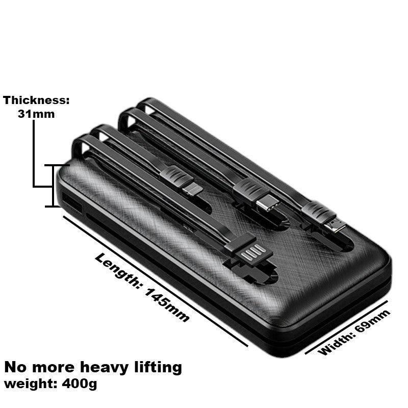20000mAh 4-in-1 Power Bank with Built-in Cables & LED Display | Fast Charging Glass Look Portable Charger