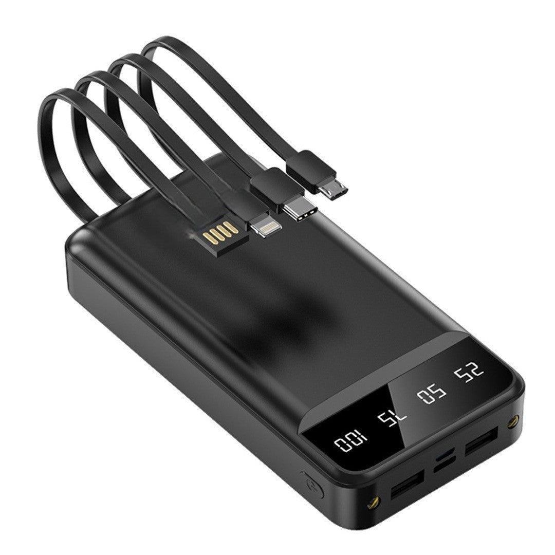 20000mAh Power Bank with Built-in Cables – Fast Charging, LED Display, Dual USB & Type-C Portable Charger