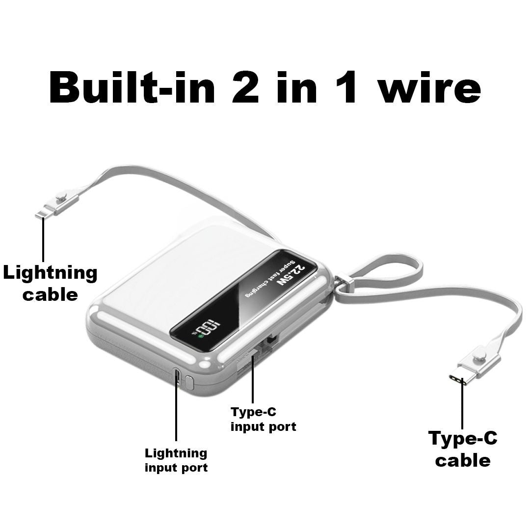 10000mAh Mini Power Bank – 22.5W Super Fast Charging, Digital Display, Built-in Cable Portable Charger