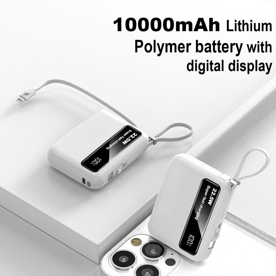 10000mAh Mini Power Bank – 22.5W Super Fast Charging, Digital Display, Built-in Cable Portable Charger