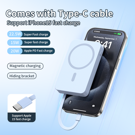 10000mAh Magnetic 3-in-1 Wireless Power Bank – MagSafe Fast Charging with Built-in 2 Cables, USB Port & Foldable Stand