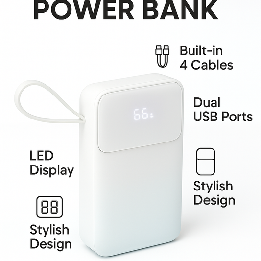 20000mAh Power Bank with Built-in 4 Cables – Pocket Size Fast Charging Portable Charger with LED Display & Dual USB Ports