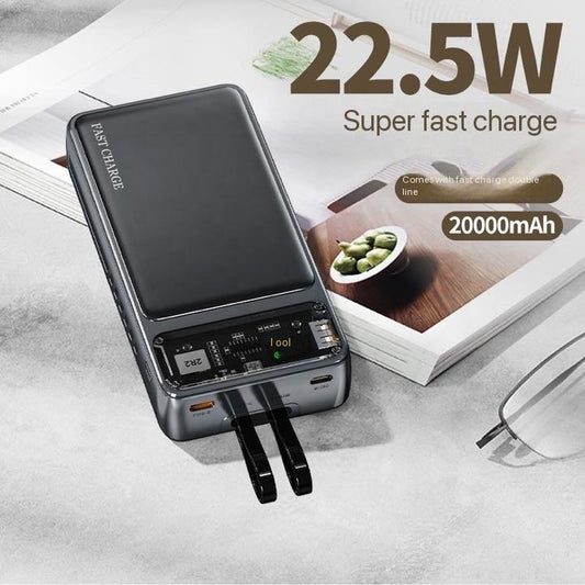 20000mAh Transparent Power Bank – 22.5W Super Fast Charging Portable Charger with Built-in Type-C & Lightning Cables, Digital Display