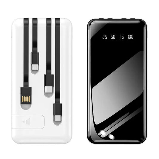 20000mAh 4-in-1 Power Bank with Built-in Cables & LED Display | Fast Charging Glass Look Portable Charger