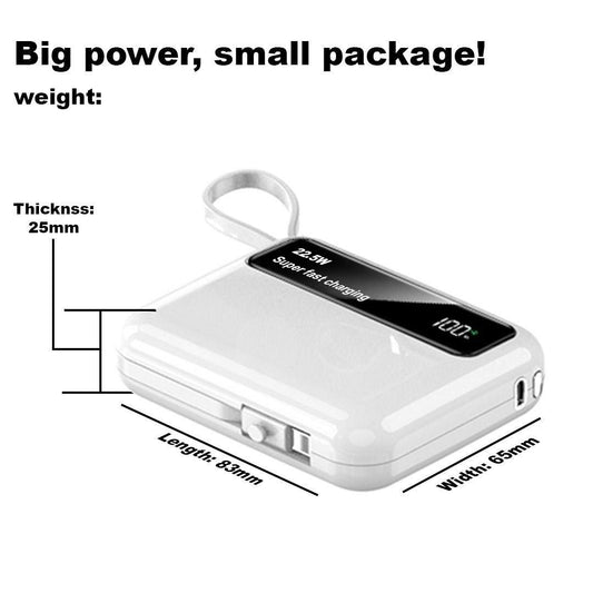 10000mAh Mini Power Bank – 22.5W Super Fast Charging, Digital Display, Built-in Cable Portable Charger